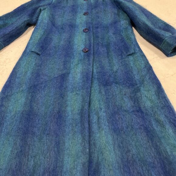 Paul Levy Vintage Blue Purple Green Plaid Striped Mohair Wool Coat Long 44” Bust - Picture 3 of 14